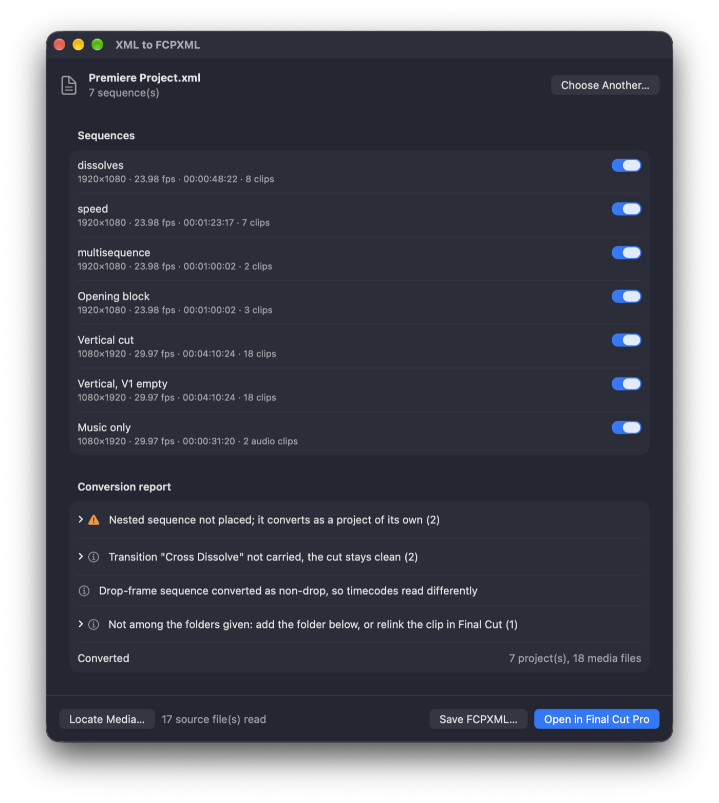 The app with a converted Premiere project: sequences, and a report of what to check before importing